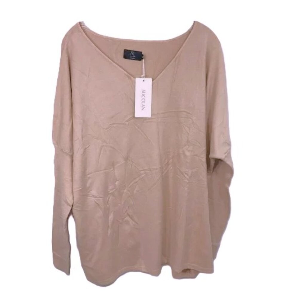 Oversize V Neck Sweater Bishop Sleeve Khaki Tan Women Sz M - Picture 4 of 10